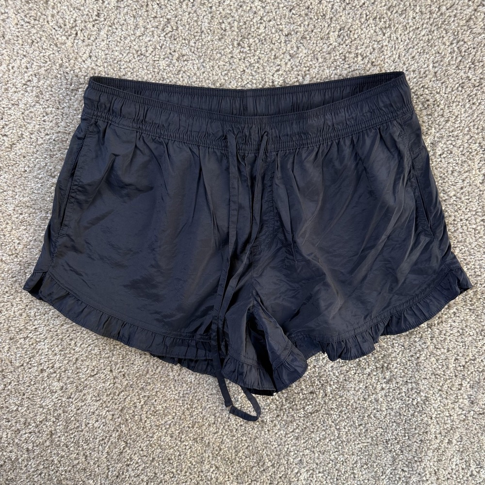 American Eagle Windbreaker Shorts Womens Small Black Ruffle Hem Elastic Waist